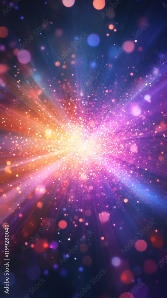 Aufkleber sparkling glitter particles bursting with vibrant colors, blending festive bokeh lights into dynamic