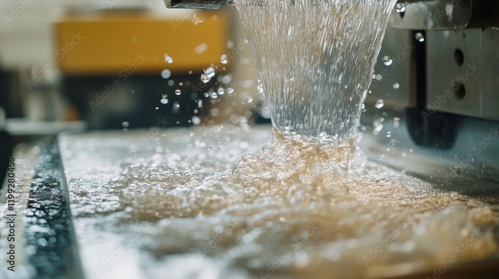 Poster an industrial machine pouring a mixture of leftover bioplastic into a mold capturing the glossy fini