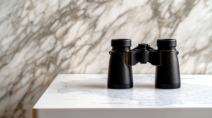 Black binoculars on map, ready for exploration