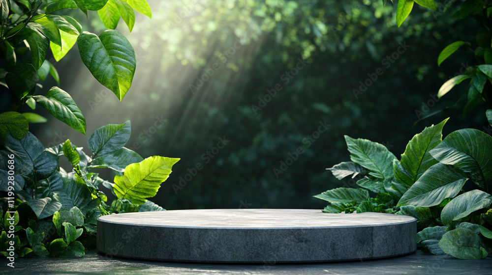 Poster natural green backdrop with light rays shining on a circular pedestal in a lush environment