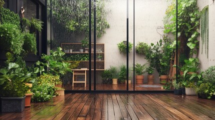 Serene Indoor Garden Oasis: Rain Shower on Lush Greenery