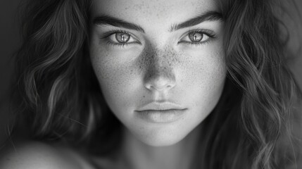 Fototapeta premium The portrait of a young woman with striking eyes, showcasing her natural beauty and close facial features.