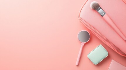 Elegant Makeup Accessories on a Soft Pink Background with Brushes, Mirror, and Cosmetic Case