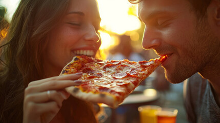 Enjoying pizza outdoors at sunset with a loved one in a vibrant setting