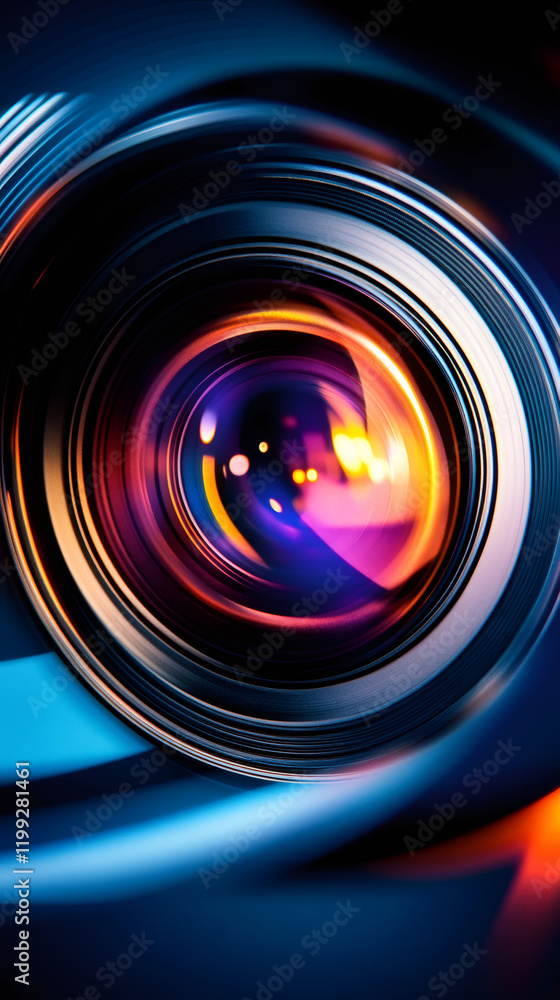 Poster camera lens reflecting vibrant lights, creating mesmerizing bokeh, symbolizing photography technolog