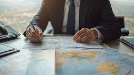 Executive reviews travel plans while preparing for an important business trip in a corporate office