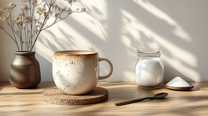 a vase with flowers and a spoon on a table