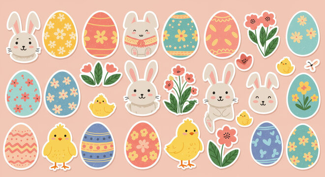 Colorful easter chicks, bunnies, and eggs with floral patterns