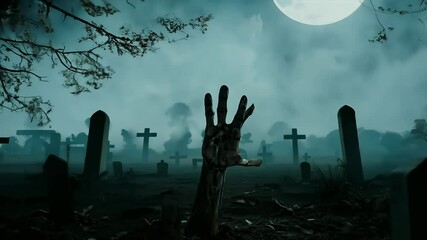 zombie graveyard out spooky hand rising night zombie hand halloween grave monster cemetery gravestone night cemetery moon rising scarey dark tomb cross skittish horror dead background mist full