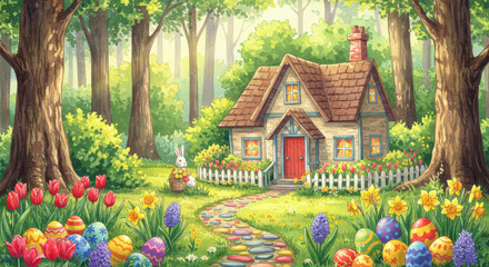 Fototapeta premium Charming forest cottage with colorful easter eggs and bunny in spring garden