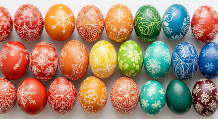 Colorful array of decorated easter eggs with intricate patterns
