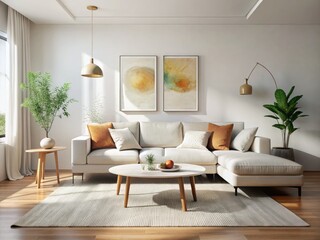 Modern living room: white sectional sofa, minimalist design, clean lines, bright and spacious.