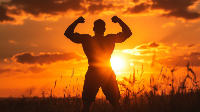 Muscular silhouette flexing against a stunning sunset in a tranquil field