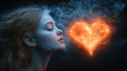 A woman exhales a glowing heart-shaped nebula against a dark starry background