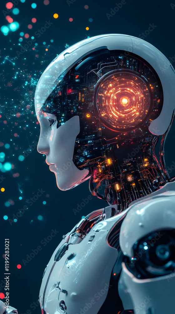 Leinwandbilder metallic android revealing intricate circuit network, luminescent core processing advanced data with