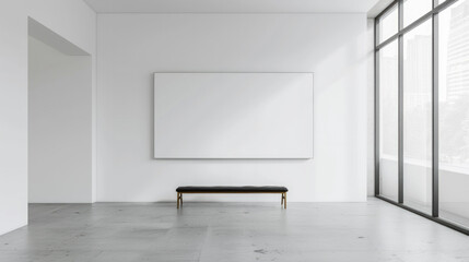 Minimalist interior with blank canvas and bench in modern space