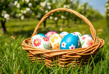 Easter eggs in nest on color wooden background.