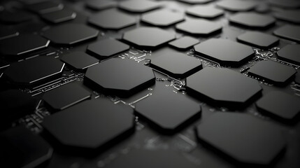 Obraz premium Abstract close-up of a dark hexagonal technological circuit board, showcasing intricate detail and modern design. Ideal for tech, engineering, and innovation themes.