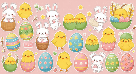 Cute easter bunny and chick characters with colorful eggs on pink background