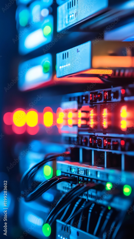 Poster Server rack glowing with red and green lights in a dark room, representing data storage, cloud computing, and network infrastructure
