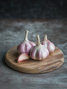 A bunch of fresh garlic cloves on a wooden serving board. The cloves are purple, indicating they are fresh and unpeeled.