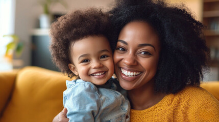 Obraz premium Parent and child enjoying a joyful video call in a cozy living room decorated with warm colors