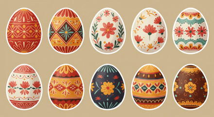 Fototapeta premium Colorful decorative easter eggs with floral and geometric patterns on beige background
