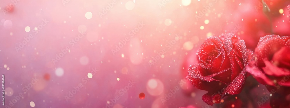 Poster elegant red roses with dew drops against a soft bokeh background creating a romantic atmosphere