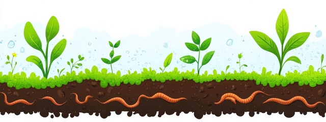Vibrant Garden Soil with Sprouting Plants, Worms, and Water, Illustrating Nature's Ecosystem and Growth Dynamics