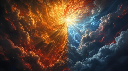 Epic battle between good and evil, represented by light and darkness, with a central figure and dragon. Fantasy and mythology