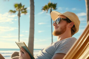 Man Relaxing on Beach with Book, Sunglasses, Sun Hat, and Palm Trees in Bright Tropical Setting