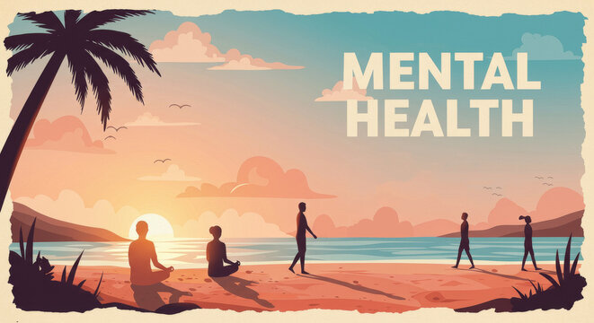 Tranquil sunset beach scene promoting mental health awareness