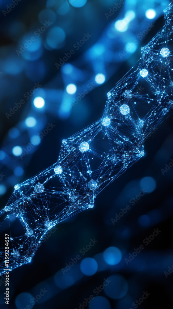 Poster complex structure resembling dna helix rotating on a blurred background with bokeh effect, concept o