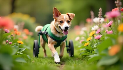 Disabled dog in a green dog wheelchair exploring a flower garden full of blooming flowers