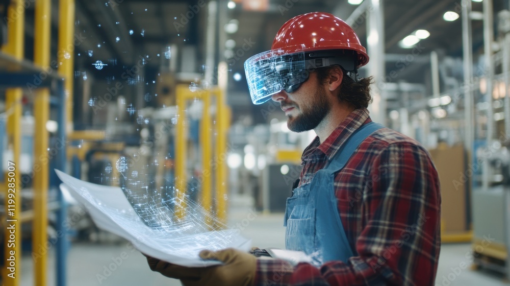 Poster a maintenance technician uses ar glasses while working on a complex assembly line with floating blue