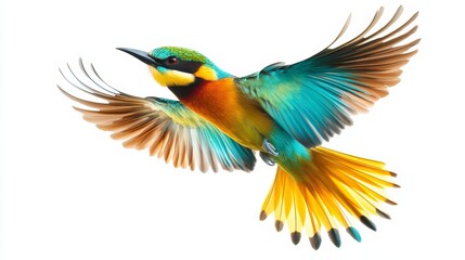 Obraz premium A colorful bird with wings spread mid-flight, isolated against a seamless white background,