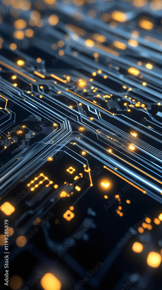 Aufkleber Close-up view of a modern electronic circuit board with glowing tracks and components, symbolizing data transmission and processing