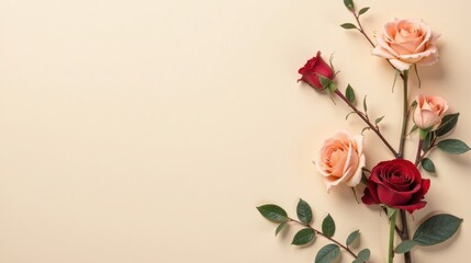 Elegant Floral Arrangement with Peach and Crimson Roses on a Pale Background