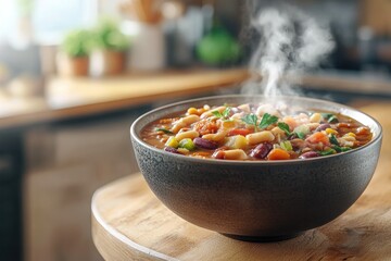 Warm, steaming bowl of colorful soup brimming with fresh vegetab