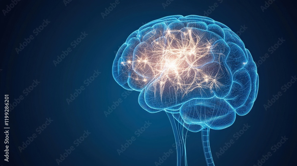 Poster futuristic concept of human brain with glowing neural connections and digital background for science