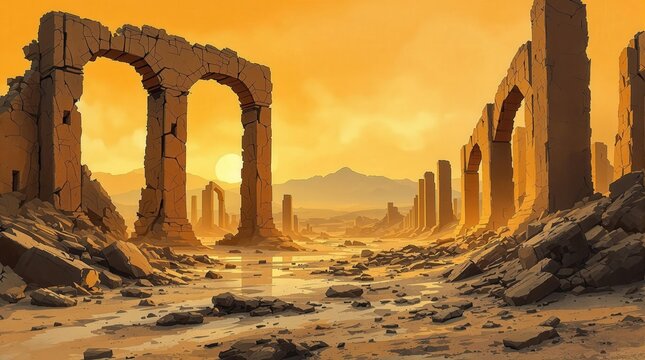 Ancient ruins of a once-great civilization under a dramatic sky. History, archaeology, and travel themes