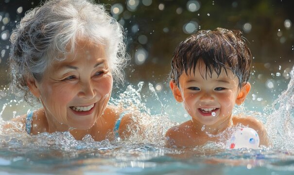 Playful Grandmother and Grandson Enjoying Water Play, Laughing and Bonding in Poolside Fun