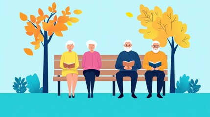 Group of elderly people sitting on a bench enjoying reading books in a colorful autumn park setting