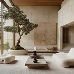 Modern minimalist living room with bonsai tree and stone furniture