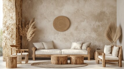 Bohemian Chic Living Room Interior Design:  Neutral Tones, Natural Textures, and Wooden Accents Create a Serene Atmosphere