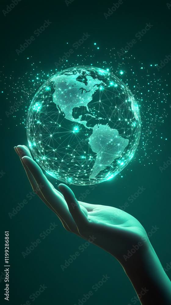 Poster hand holding glowing planet earth with network connections and particles, representing global commun