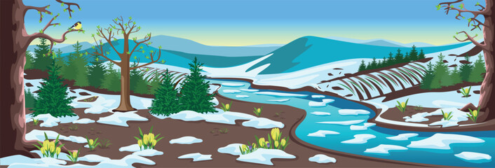 Panoramic spring landscape with river, mountains, forest, fields, melting snow and crocuses. Beautiful spring background illustration. Vector
