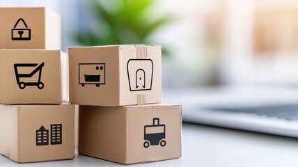 Fototapeta premium Stacked cardboard boxes with icons representing different online shopping products