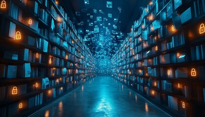 Obraz premium Files and documents floating in a virtual cloud, surrounded by glowing locks and shields indicating encryption, Data Security in a Virtual Cloud