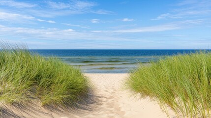 Serene beach view with grass leading to calm waters.